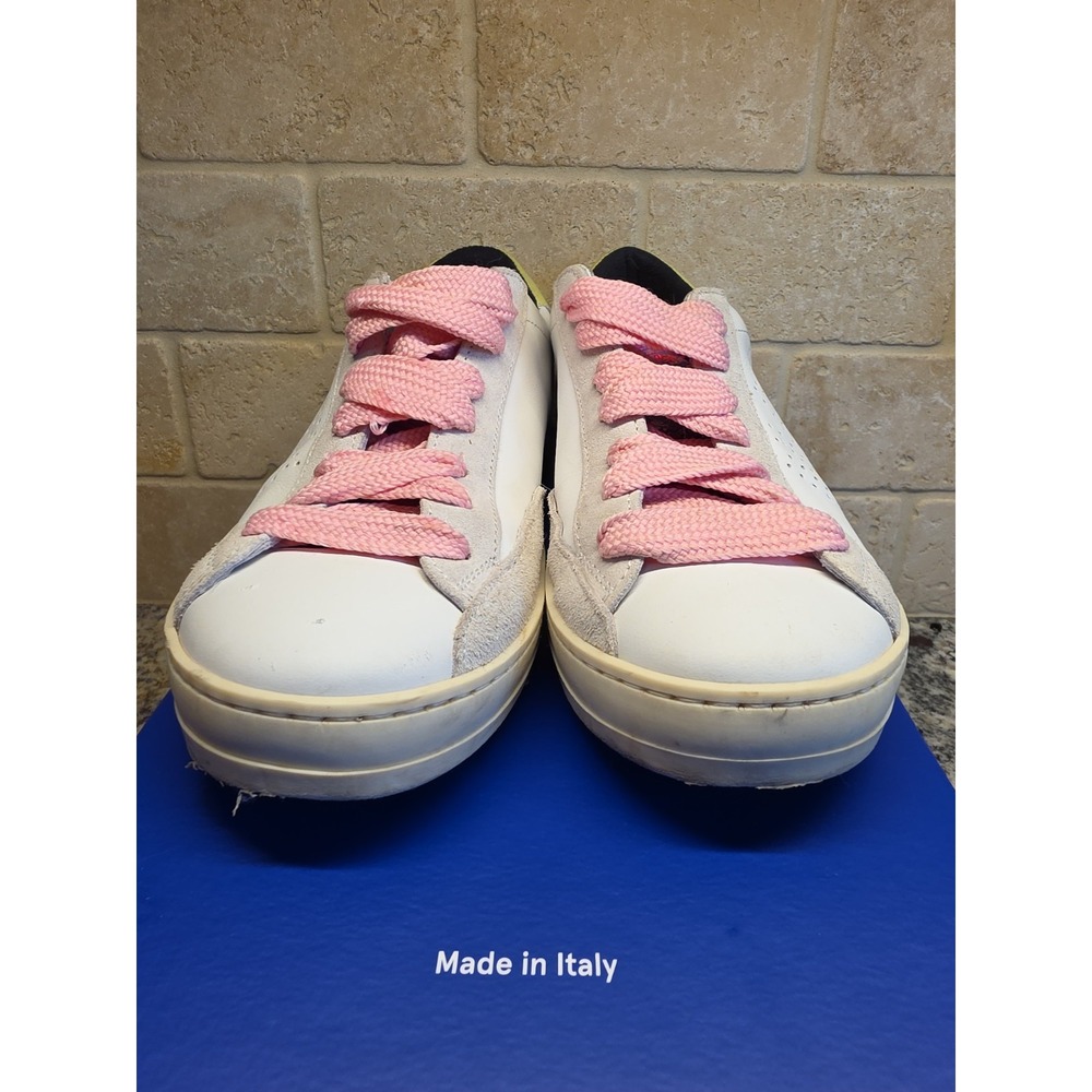 P448 John White Leather Low Top Sneakers Pink Metallic Tongue Neon Yellow EU 37